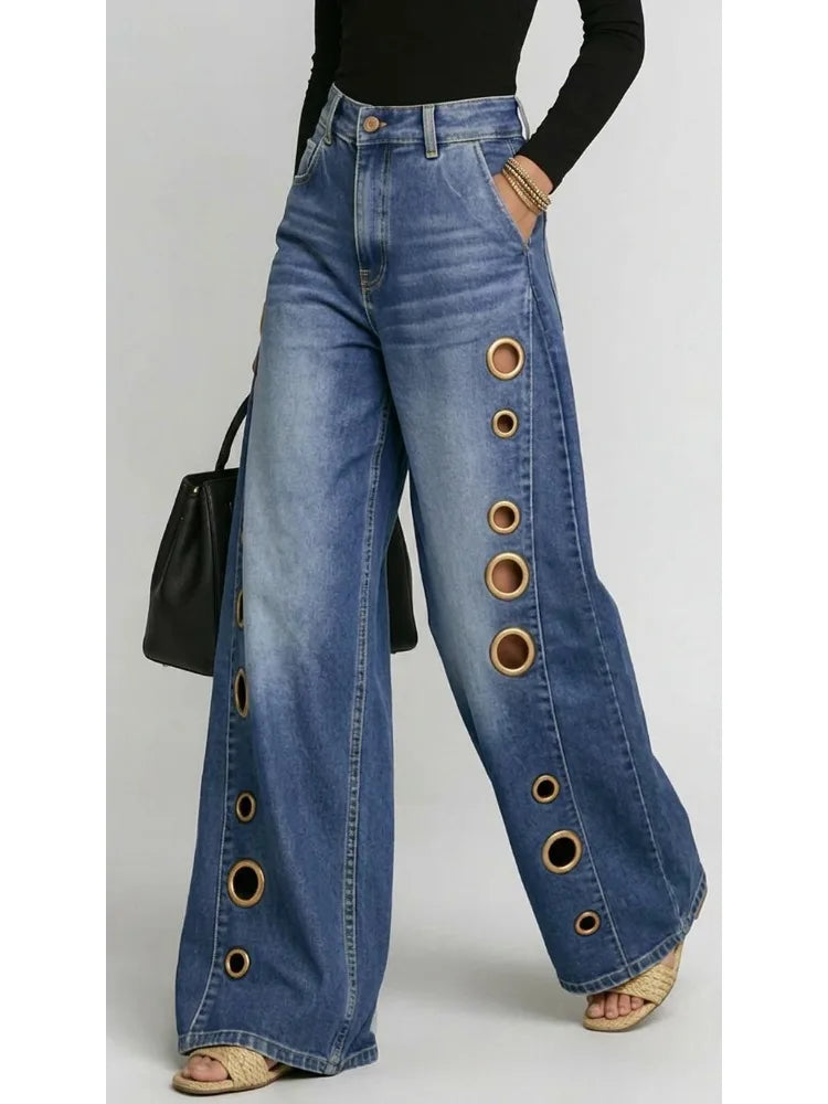 Women's Side Grommet Wide Leg Denim Jeans For Everyday Outfits