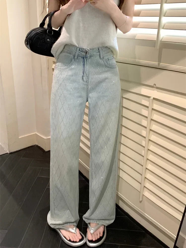 Women's Argyle Diamond Pattern Wide Leg Denim Jeans
