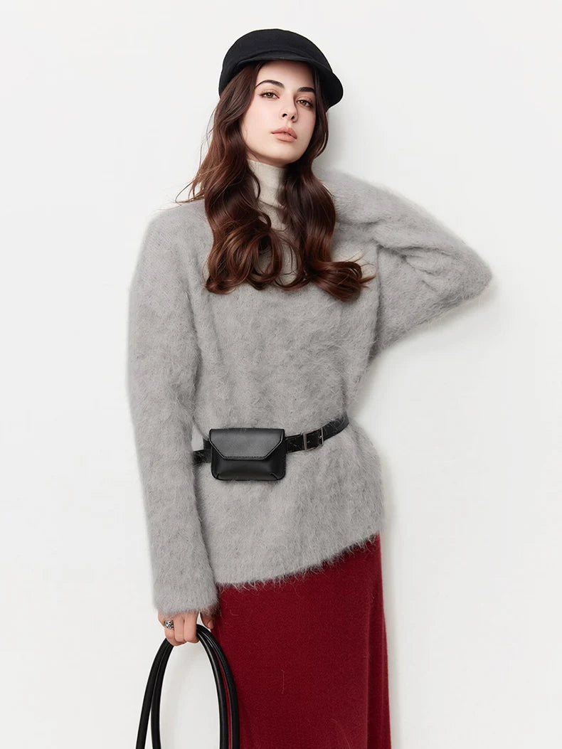 Women's Fluffy Crew Neck Long Sleeve Sweater Casual Knit Layer