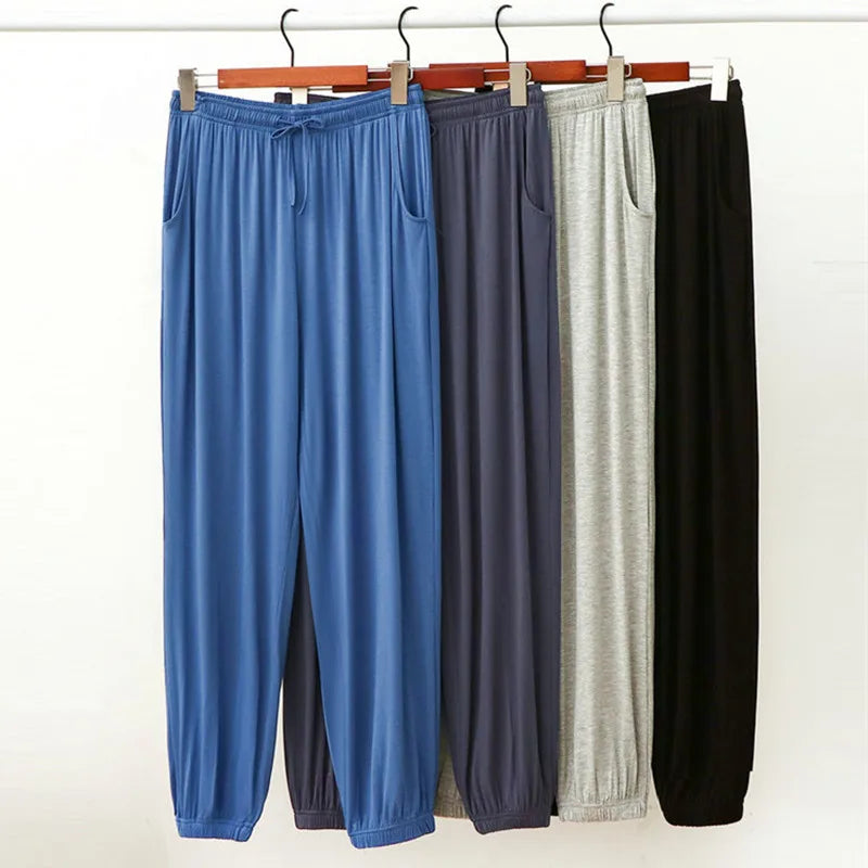 Men's Solid Cuffed Elastic Waist Long Lounge Pajama Pants