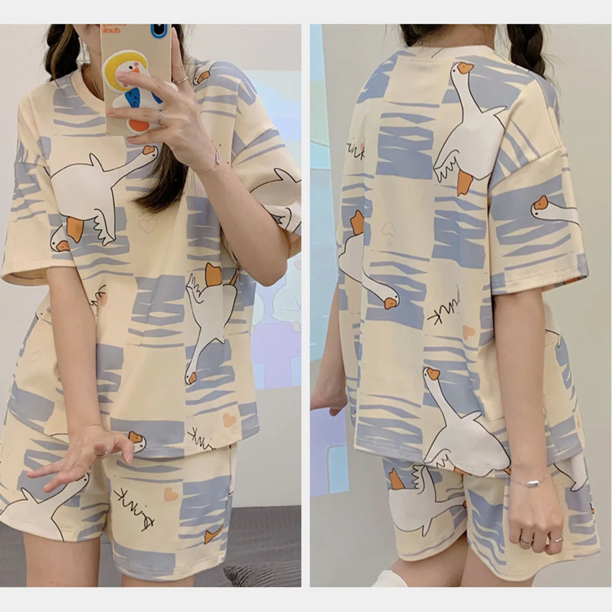 Women's Cartoon Print Short Sleeve Pajama Set with Top and Shorts