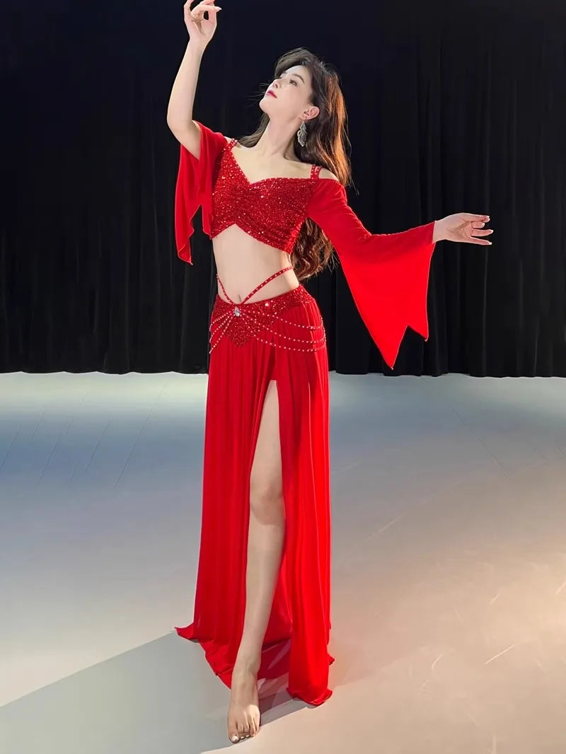 Women's Belly Dance Outfit with Flared Sleeves and Long Split Skirt