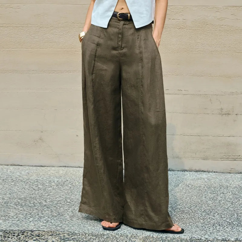 Women's Linen High-Waist Loose Wide-Leg Full-Length Pants with Pockets and Zipper Fly