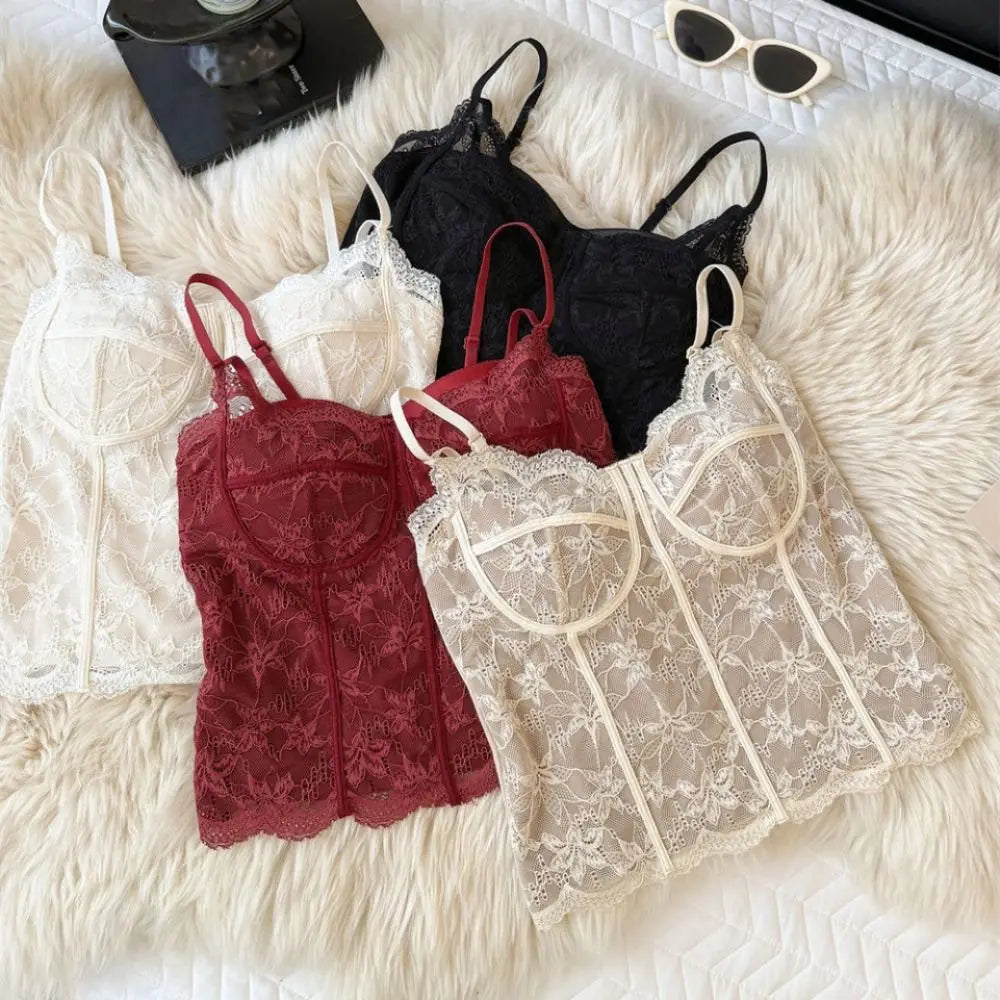 Women's Floral Lace Crop Top with Thin Shoulder Straps and Chest Pads