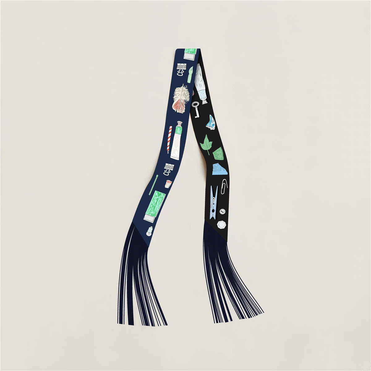 Printed Narrow Ribbon Scarf with Decorative Fringed Ends