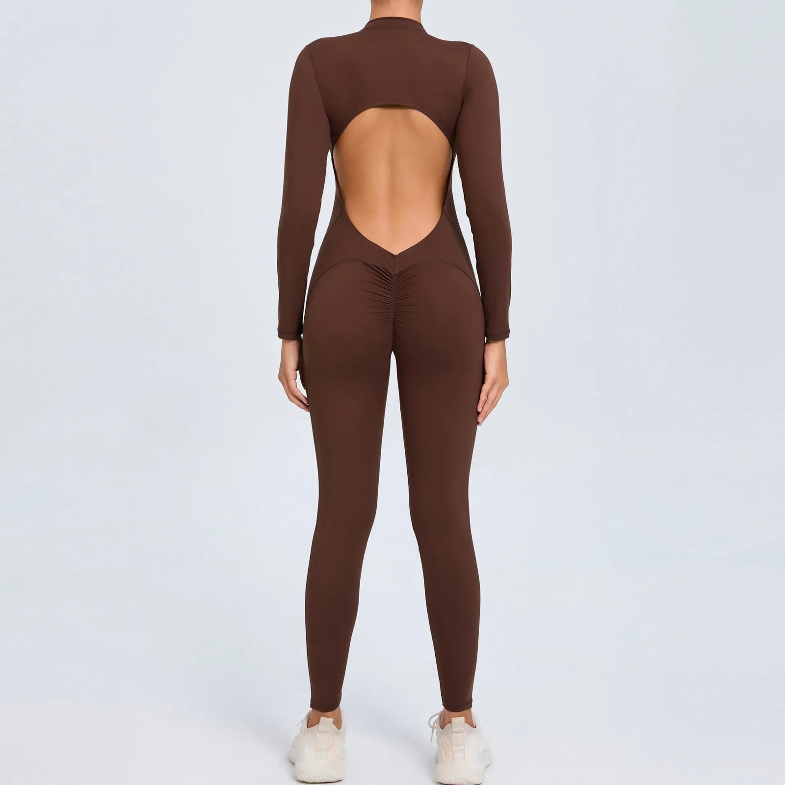 Women's Long Sleeve Nylon Blend Workout Jumpsuit with Zip and Back Cutout