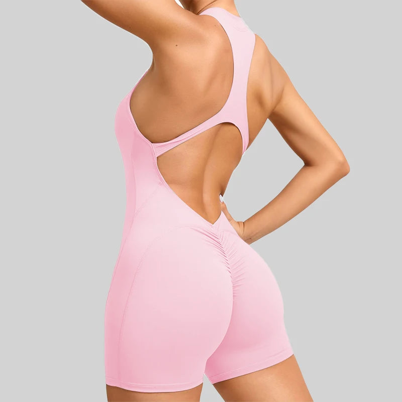 Women's Halter Neck Nylon Blend Workout Romper with Front Zipper and Racerback