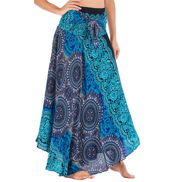 Women's Printed Nylon Harem Pants with Smocked Waist and Convertible Styling