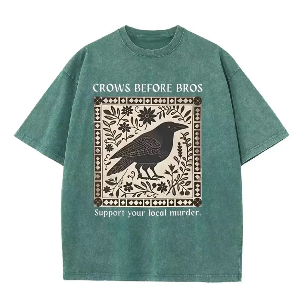 Distressed Vintage Washed Tee Vintage Square Crow Floral Print Support Local Murder Funny Slogan Loose T Shirts