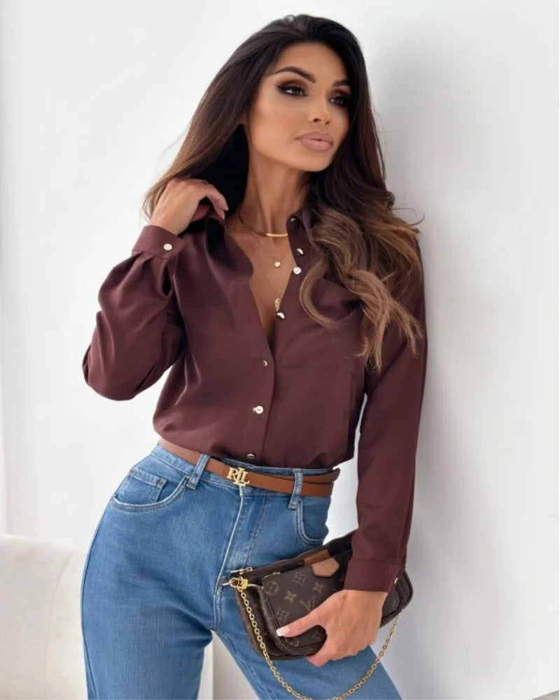 Women's Collared Long Sleeve Button Front Blouse