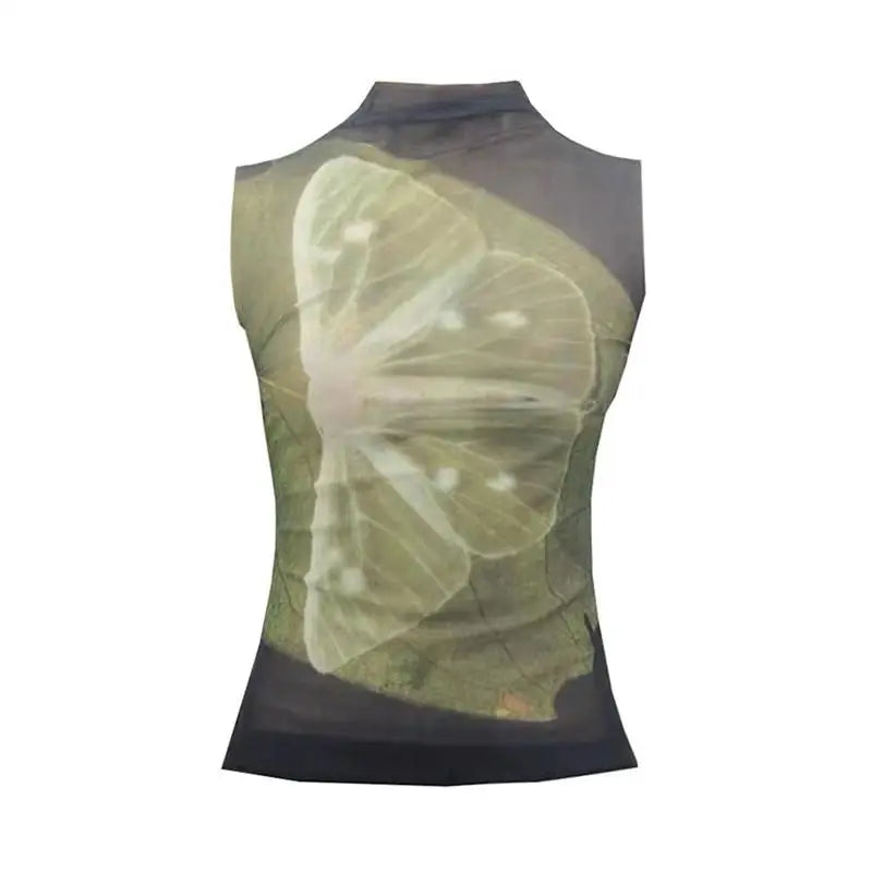 Women's Abstract Print Cotton Blend Mesh Tank Top with High Neck