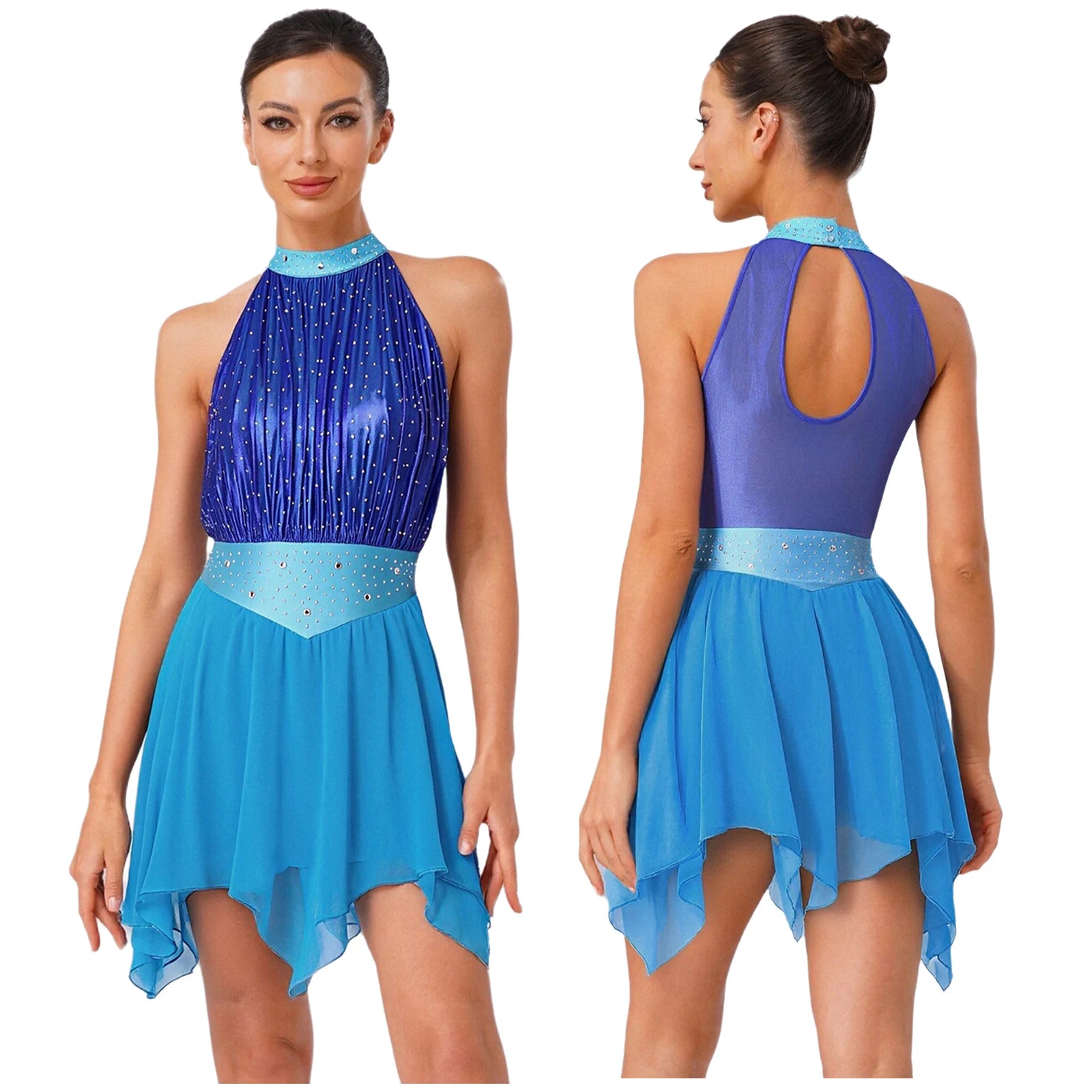 Women's Metallic Halterneck Dance Dress with Rhinestones and Flowing Asymmetric Skirt