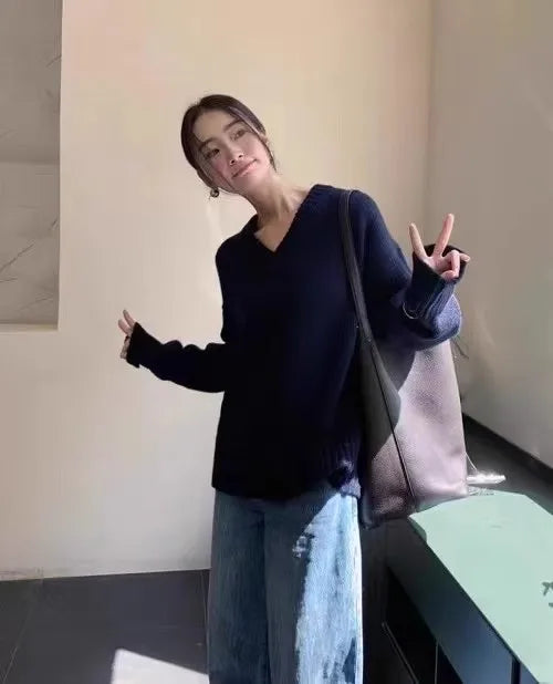 V-neck 100 pure wool sweater for women in autumn and winter, loose and thick sweater, long-sleeved knitted top