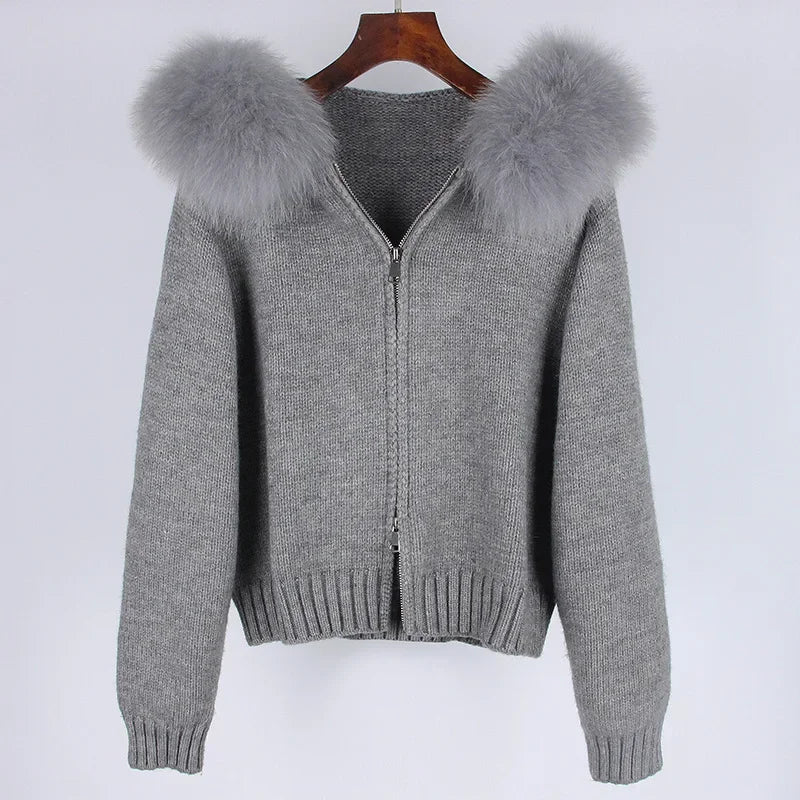 Women's Polyester Zip-Front Long-Sleeve Knit Jacket with Fox-Fur Collar for Winter Outfits