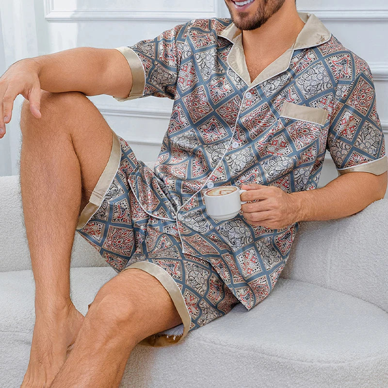 Men's Satin Look Lapel Short Sleeve Shirt and Shorts Pajama Set