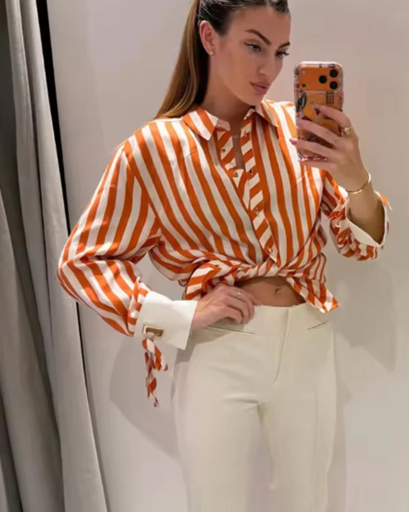 Women's Striped Collared Long Sleeve Shirt
