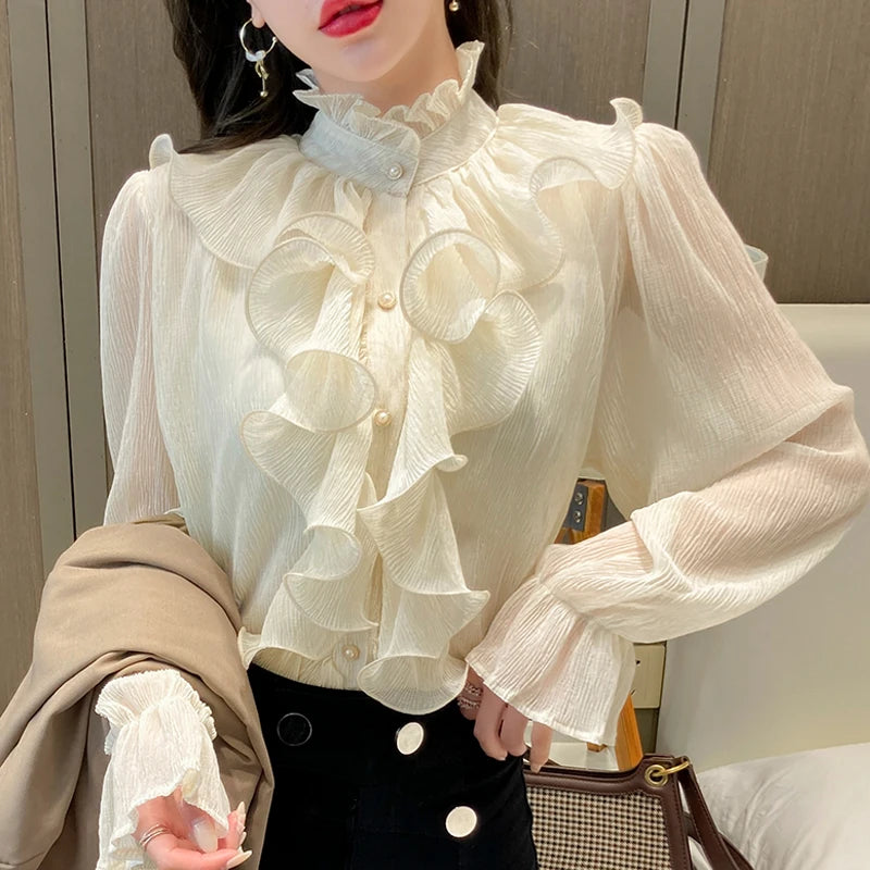 Women's Ruffled Stand Collar Long Sleeve Blouse