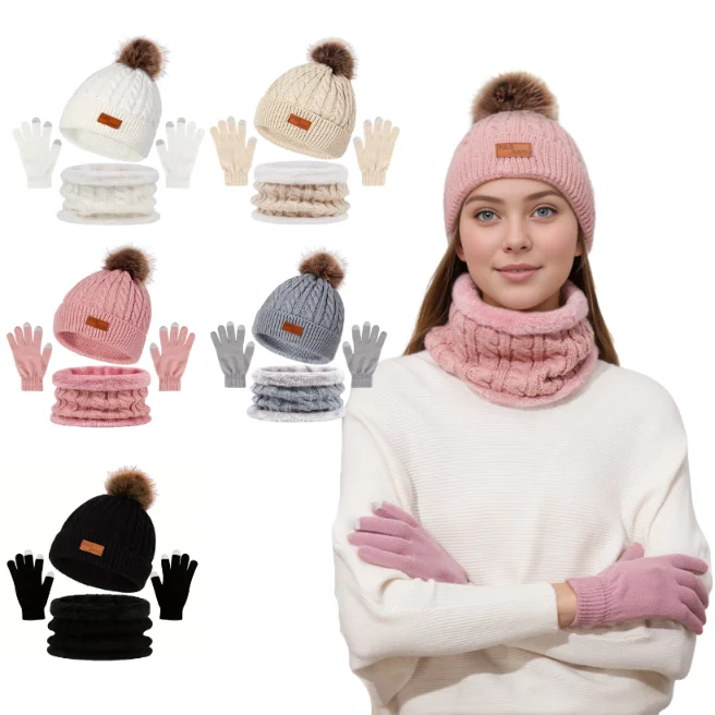 Knitted Hat Scarf and Touchscreen Gloves Set for Outdoor Winter Wear