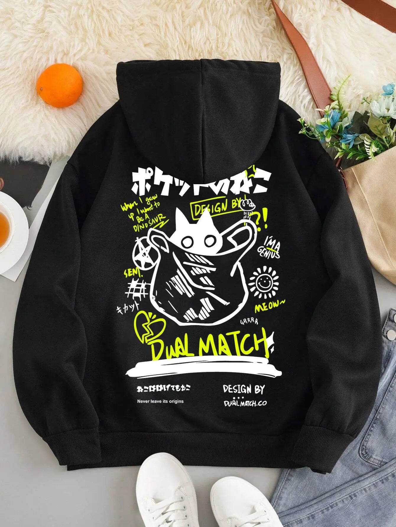 Cat Graphic Long Sleeve Pullover Casual Hoodie for Layering