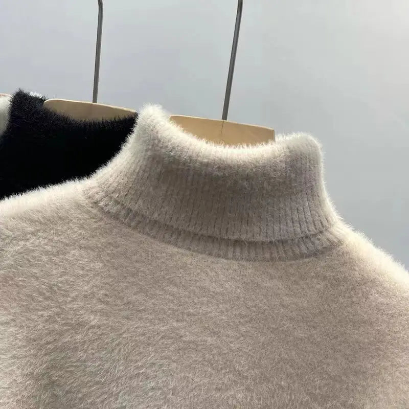 Women's Fluffy Roll Neck Long Sleeve Sweater Casual Knit Layer