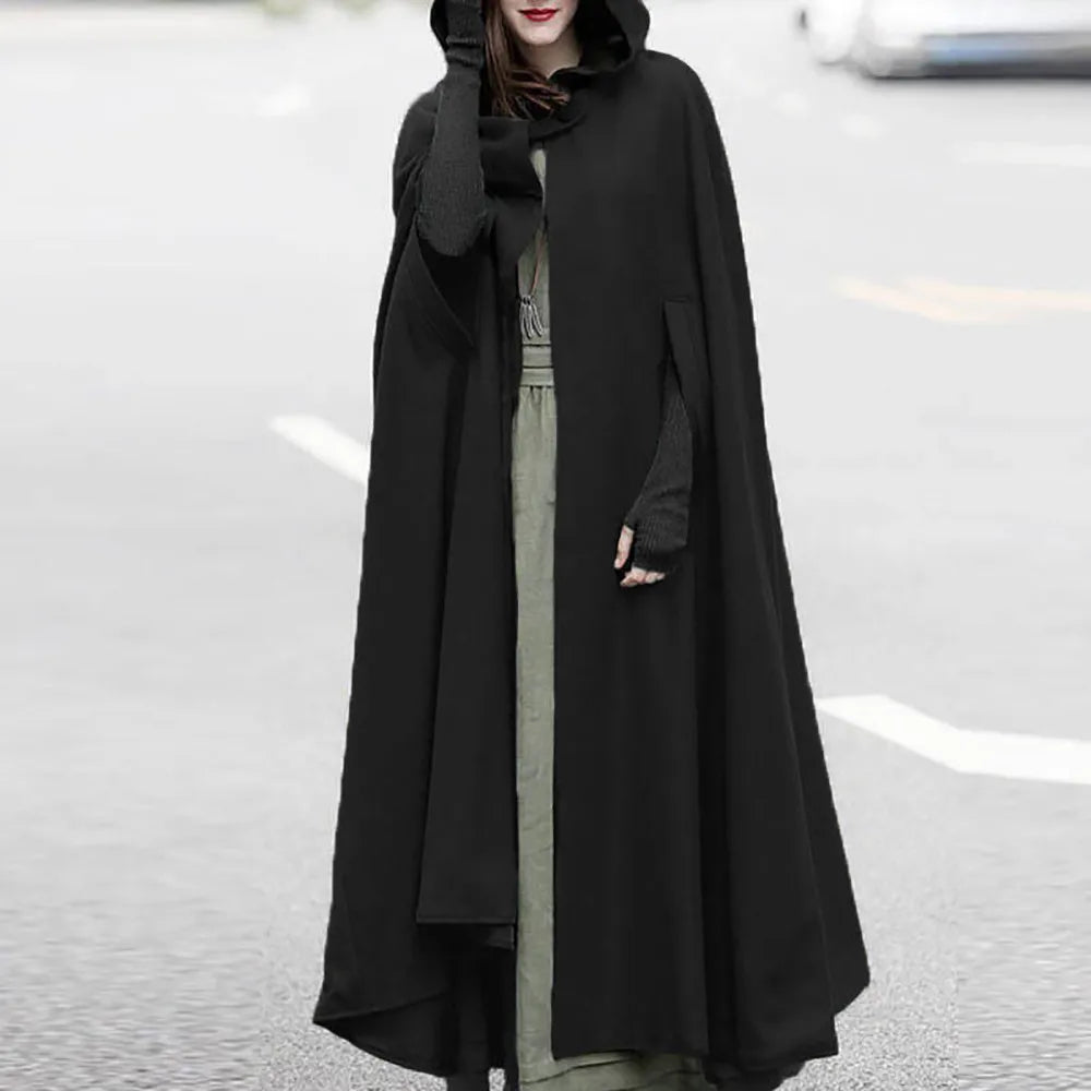 Long Hooded Button Front Cape for Layering over Outfits