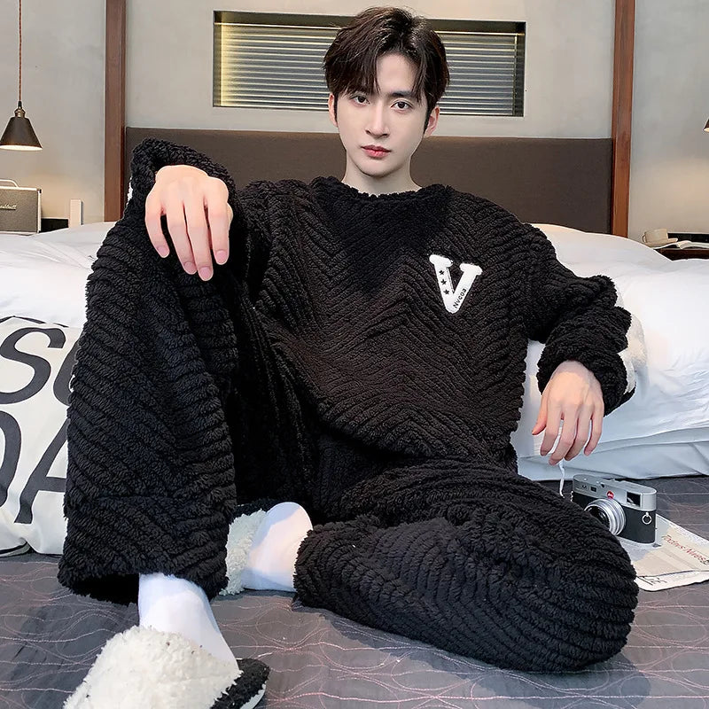 Men's Textured Long Sleeve Top and Pants Pajama Set