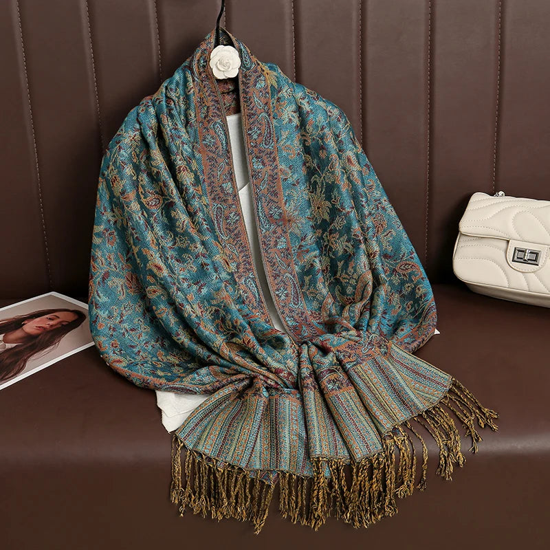 Paisley Floral Print Long Scarf with Fringed Ends
