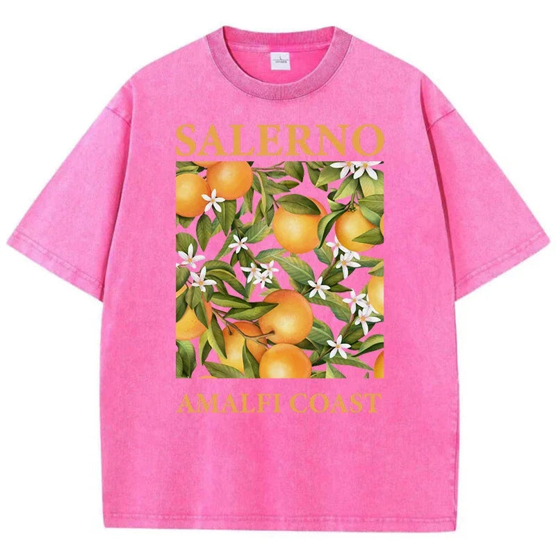 Fresh Orange Design Men's Washed Short Sleeve T-shirt Summer Casual Hip Hop Top Loose Cotton Short Sleeve