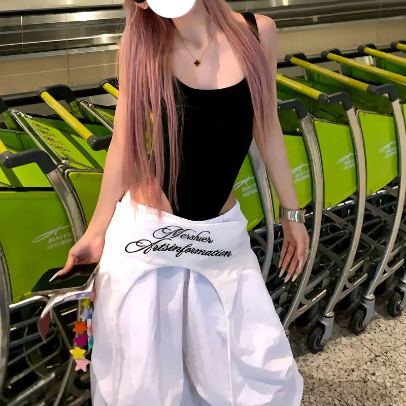 Women's White Wide Leg Cargo Pants with Embroidered Waist Detail