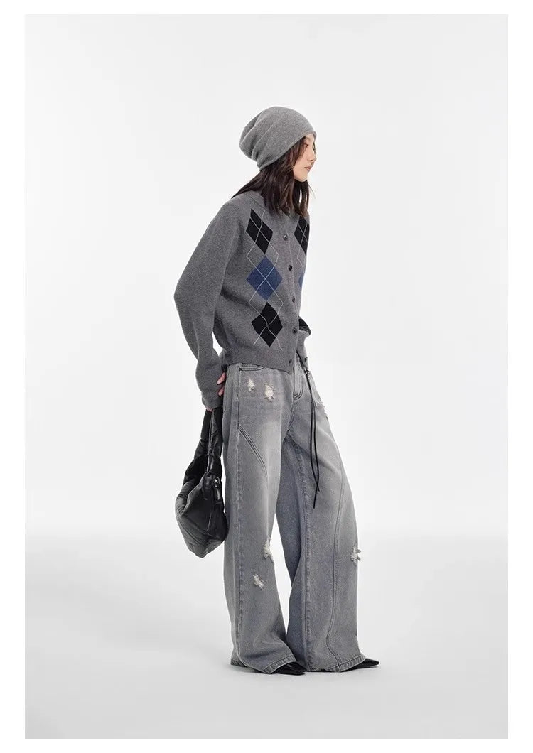 Autumn diamond-shaped cardigan women 100 pure cashmere sweater European high-end color-blocking knitted sweater coat