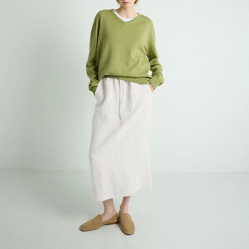 Women's Linen Straight Midi Skirt with Pockets for Casual Summer Everyday Outfits