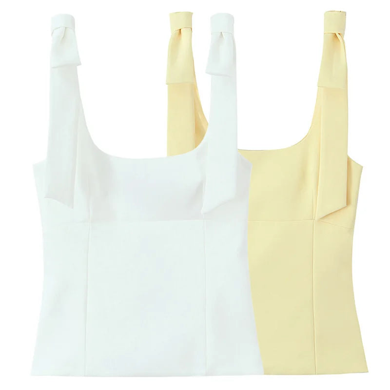 Women's Square Neck Polyester Camisole with Bow Tie Shoulder Straps