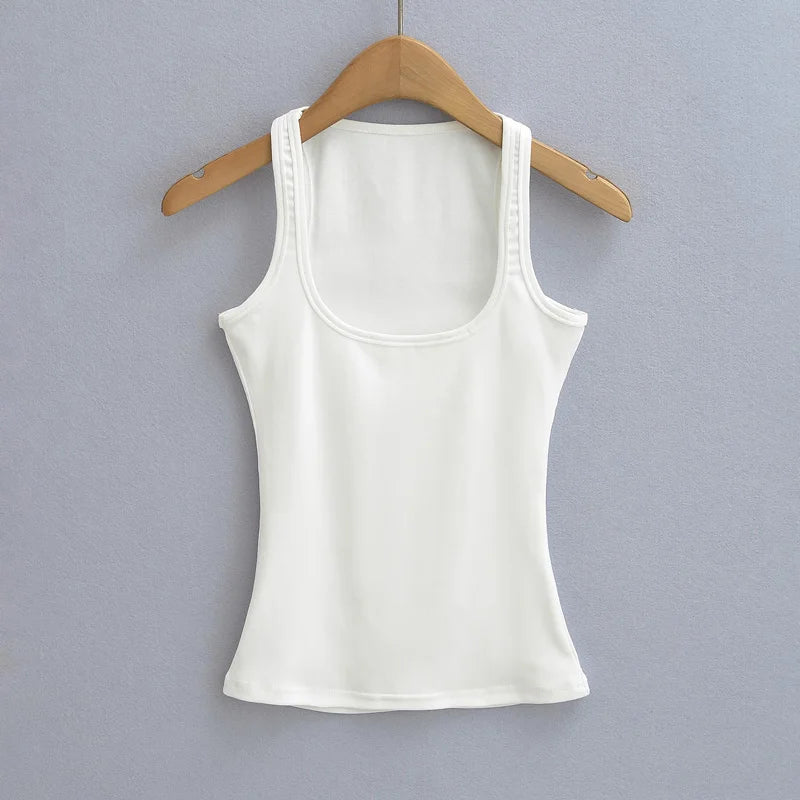 Women's U Neck Polyester Blend Tank Top with Ribbed Texture and Wide Straps