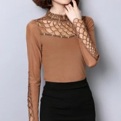 Women's Polyester Long-Sleeve High-Neck Lace Blouse with Geometric Detail for Dressy Outfits