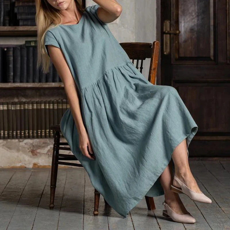 Women's Cotton-Linen Round-Neck Loose A-Line Midi Dress with Pockets for Summer Outfits