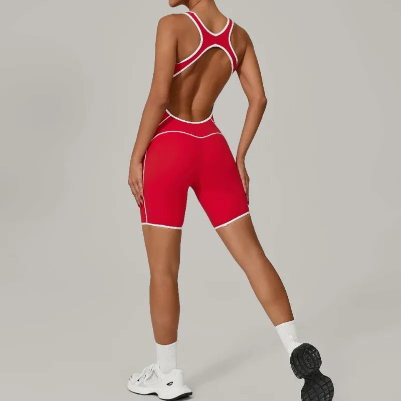 Women's Contrast Trim Nylon Blend Workout Romper with Racerback Cutout