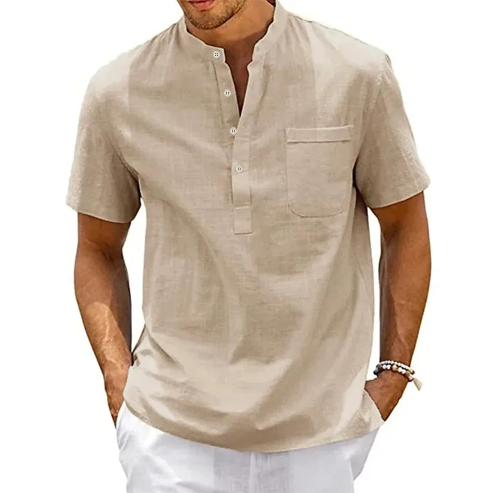 Men’s Short-Sleeve Cotton-Linen Henley Shirt