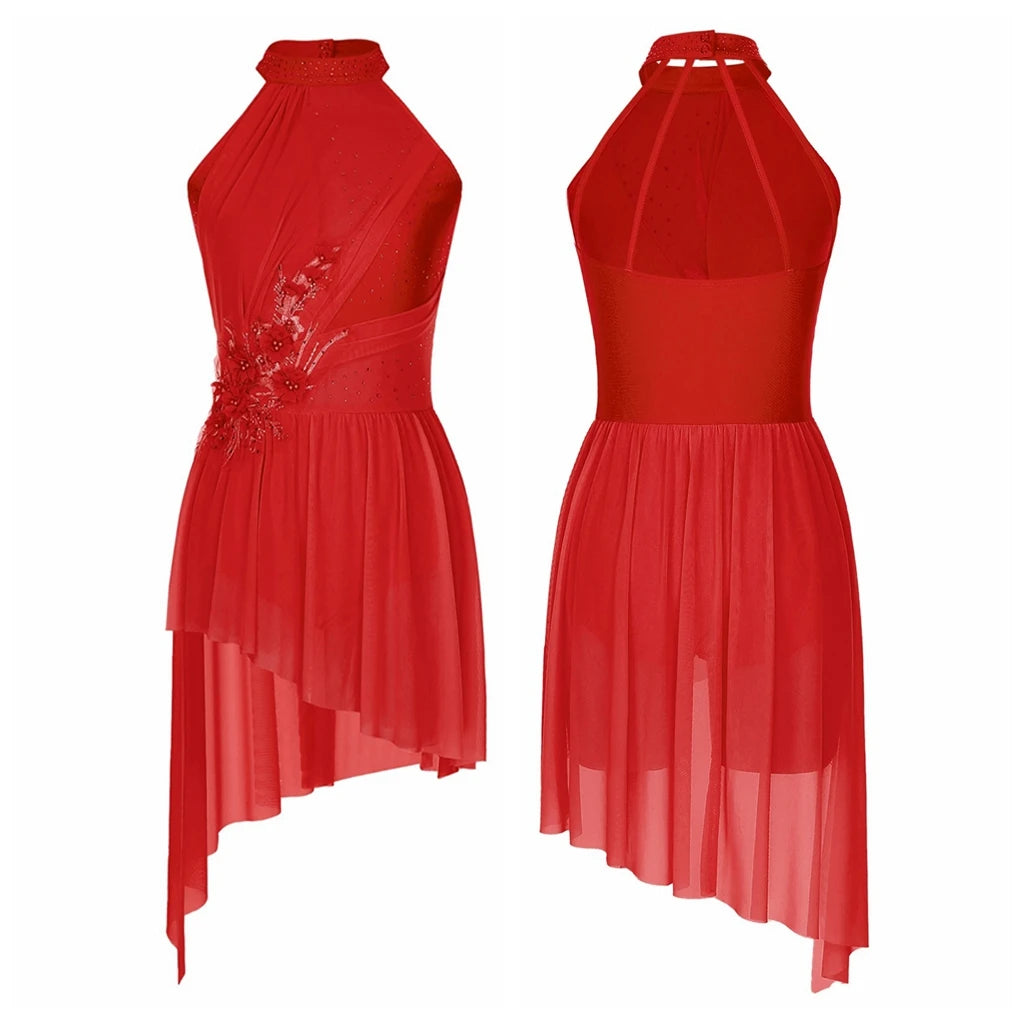 Women's High-Low Dance Dress with Mesh Panels and Skirt Overlay