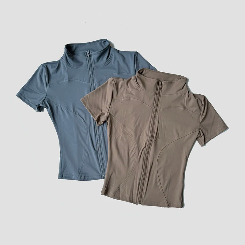 Women’s Slim Fit Short Sleeve Yoga Top with Stand Collar Zip Front