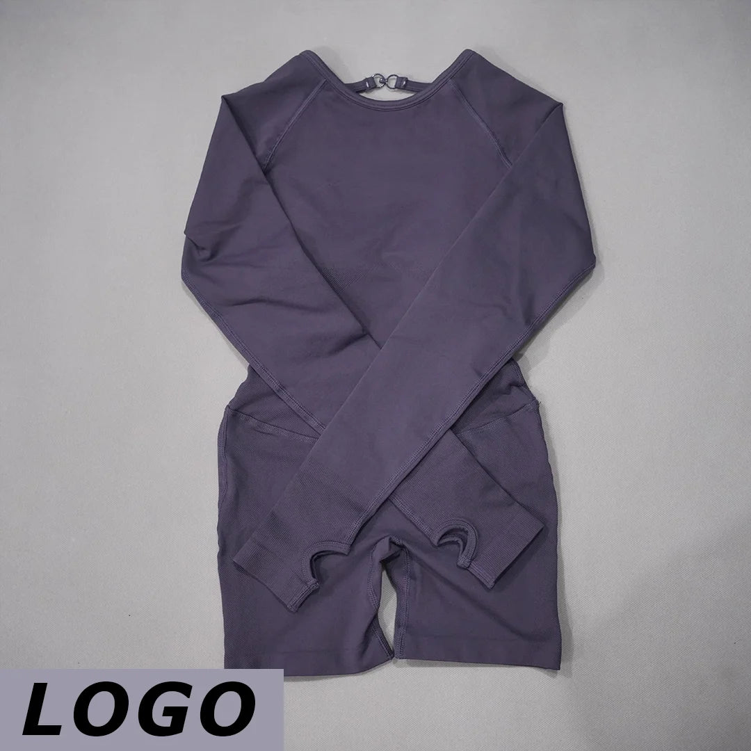 Women's Long Sleeve Nylon Blend Workout Romper with Open Back