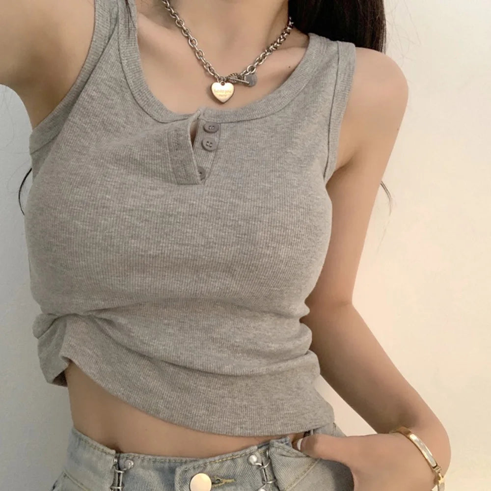 Women's Ribbed Tank Top with Button Front and a Sleeveless Design