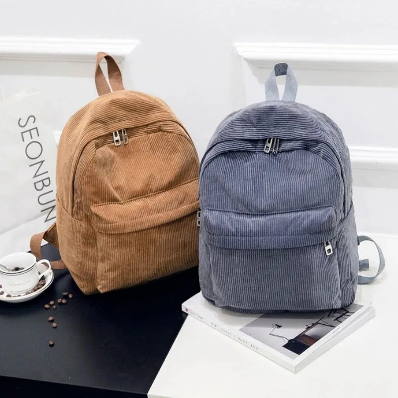 Corduroy Backpack with Front Zipper Pocket and Twin Shoulder Straps