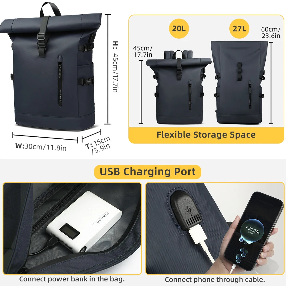 Roll-Top Laptop Backpack with Buckle Closure and Contrasting Panel Options