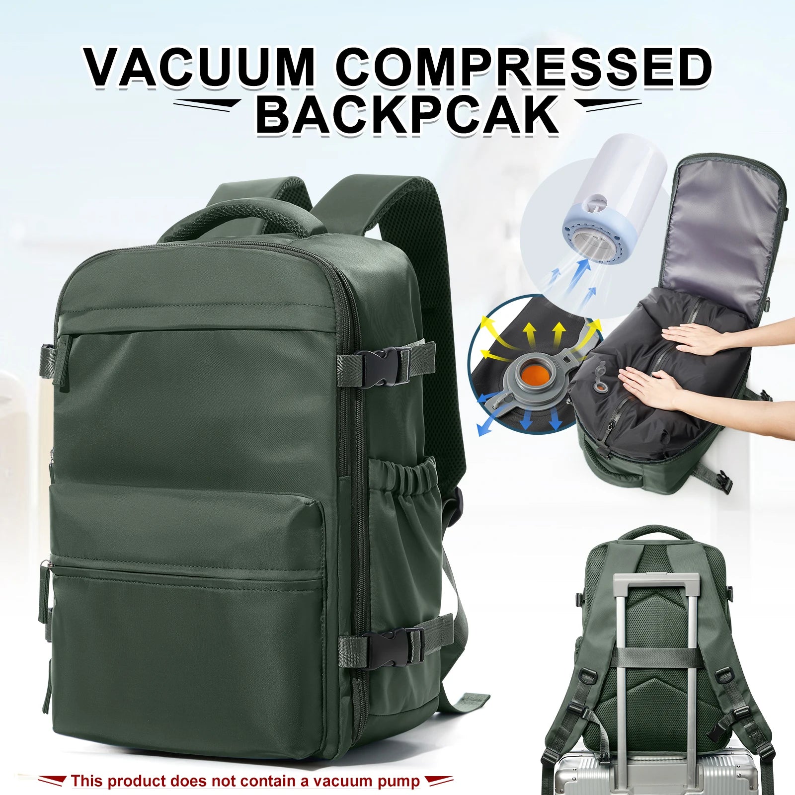 Travel Backpack with Internal Compression Compartment and Pump Option