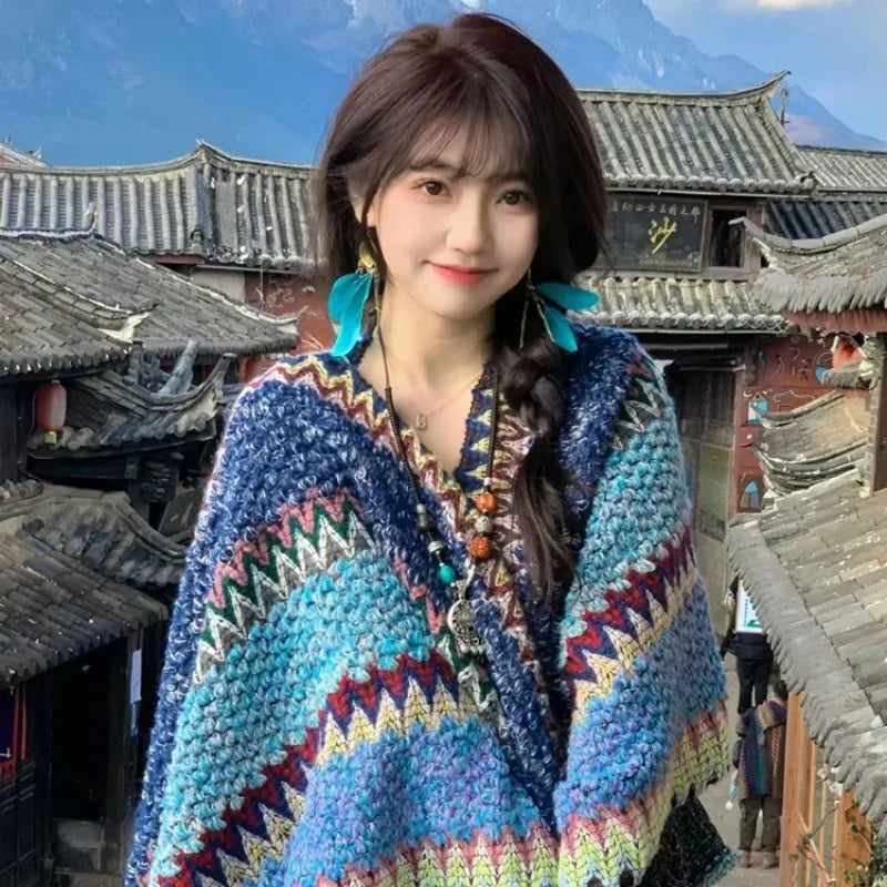 Zigzag Knit Fringe Poncho for Layering over Outfits
