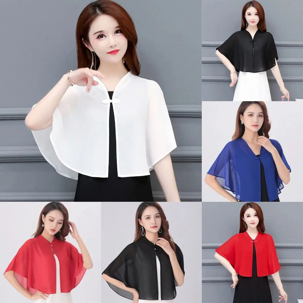Short Clasp Front Chiffon Cape for Layering over Outfits