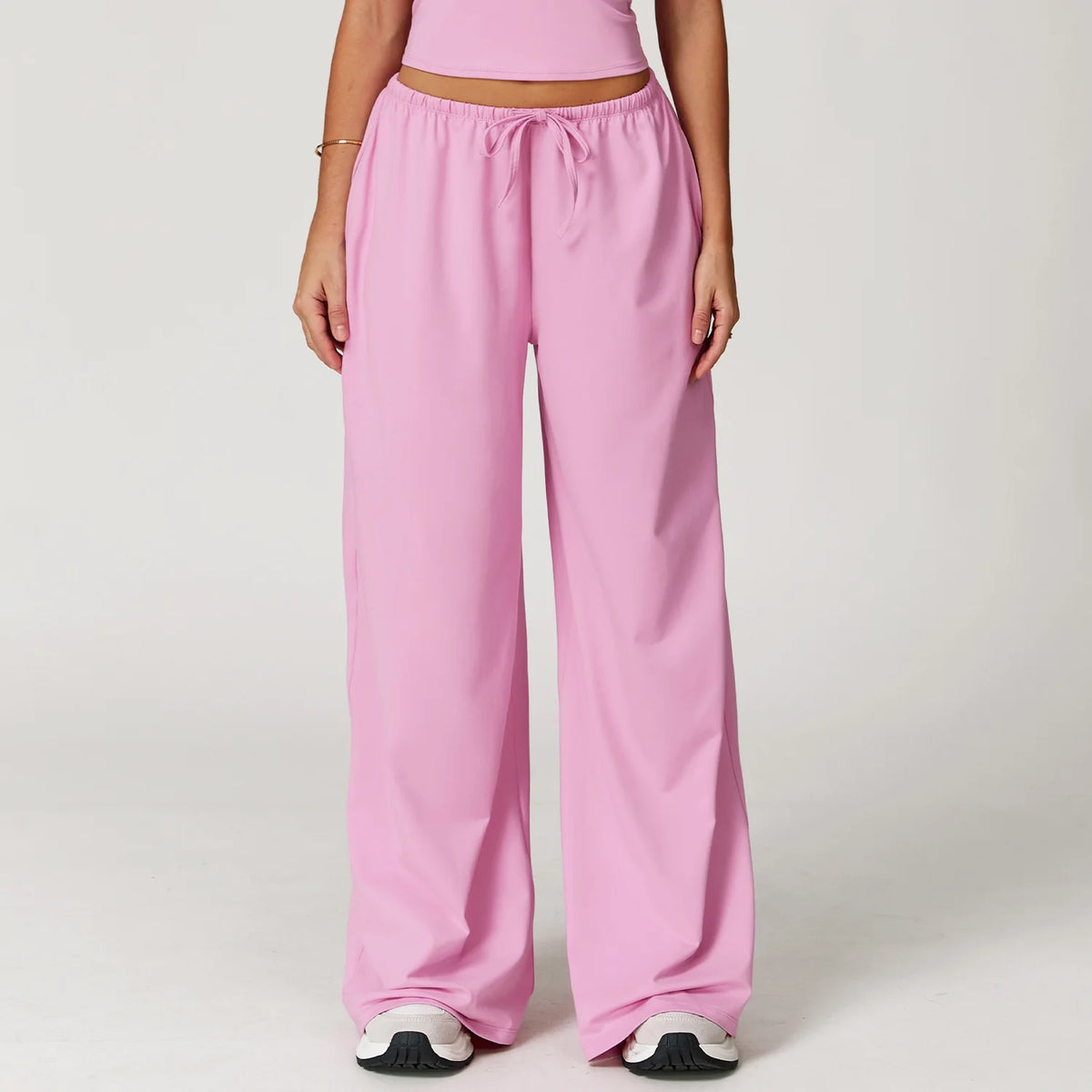 Women's Drawstring Waist Polyester Blend Wide Leg Pants with Side Pockets