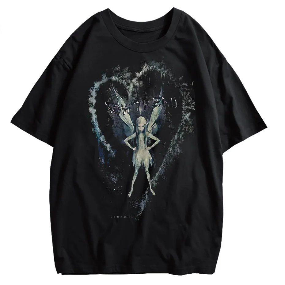 Women's Harajuku Retro Elf Print T-Shirt Hip Hop Oversized Short Sleeve Tee
