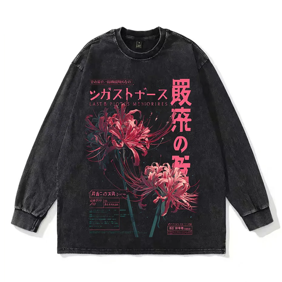 Anime Washed Spider Lily Graphic T Shirt Men Streetwear