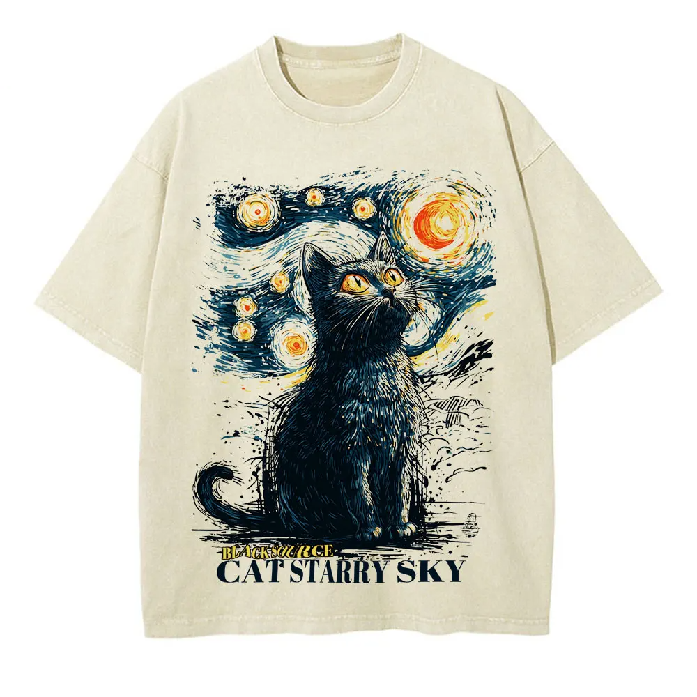 Black Cat Starry Sky Vintage T-Shirt Cotton Unisex Graphic Tee